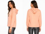 Somon renk kapşonlu unisex sweatshirt; gökkuşağı nakışlı Namaste in Istanbul yazılı.