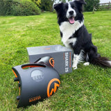 Çimen üzerinde OutdoorMaster Shark II S Şarjlı Sup pompası kutusu ve yanındaki köpek.
