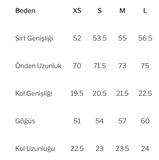Beden tablosu XS–L: sirt 52–56.5, önden uzunluk 70–75, kol genişliği 19.5–22.5, göğüs 51–60, kol uzunluğu 22.5–24 cm