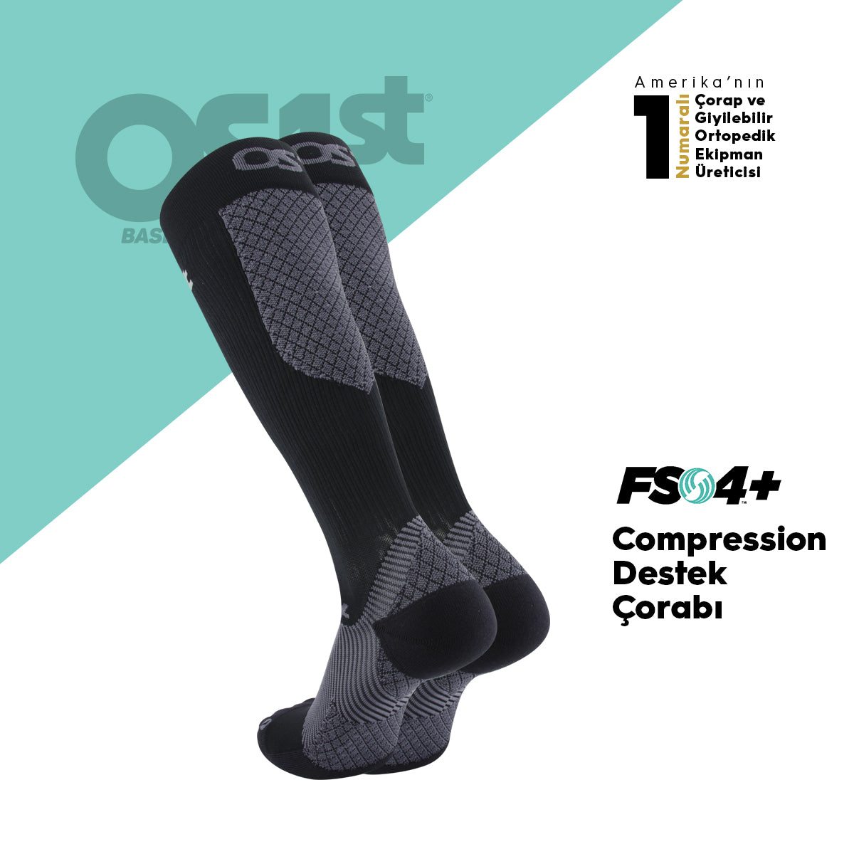 OS1st. FS4+ Compression Çorap, %100 kompresyon koşu ve toparlanma çorabı- Siyah